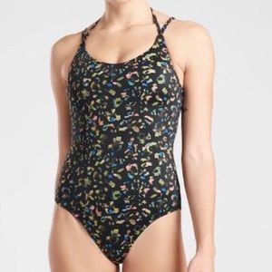 Athleta Colorful Leopard Print Keyhole Back Halter Neck One Piece Swimsuit Med